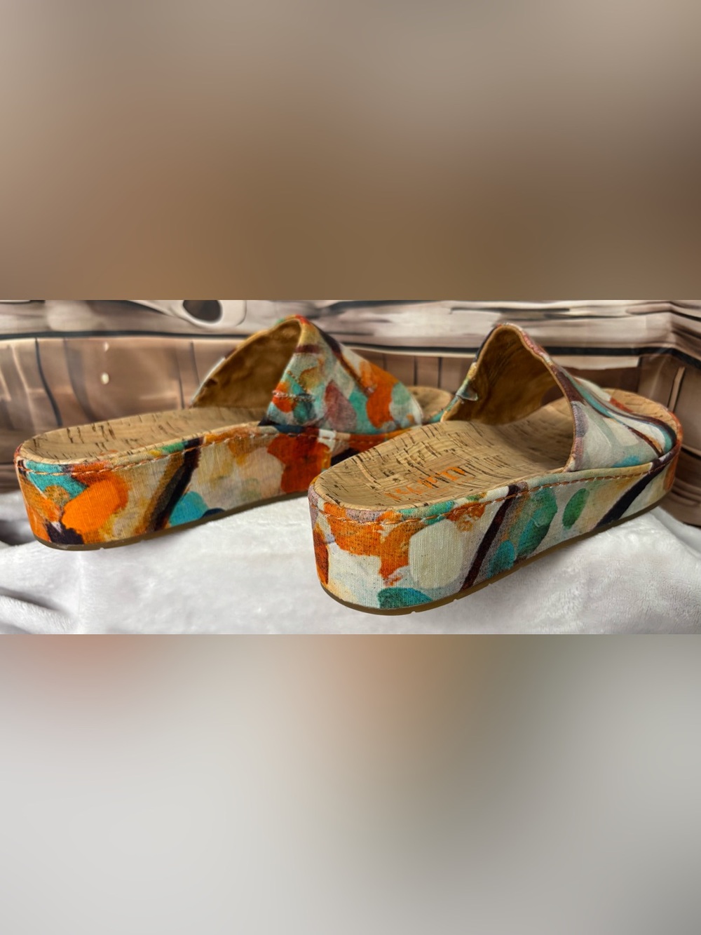 Born Sharr Multicolor Fabric Platform Slide Sandals Cork Wedge Women's Size 10 - Picture 9 of 16